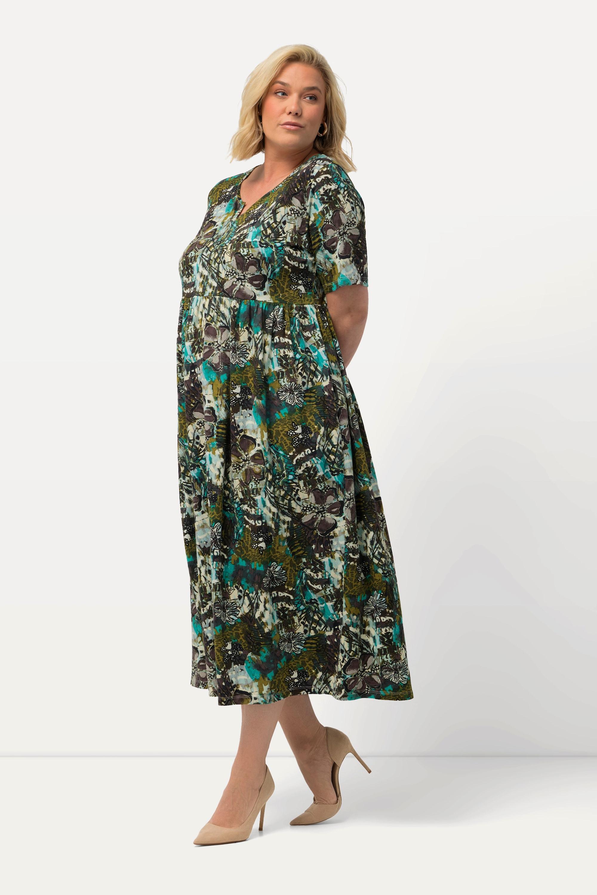 Ulla Popken  Robe en jersey, fleurs, silhouette en A, col tunisien, manches mi-hauteur 