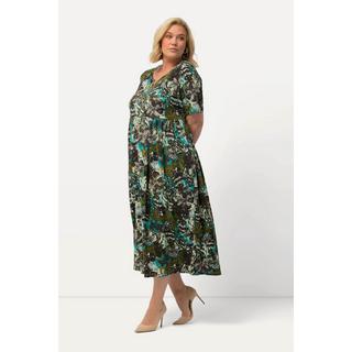 Ulla Popken  Robe en jersey, fleurs, silhouette en A, col tunisien, manches mi-hauteur 