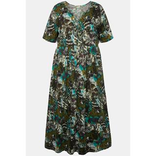 Ulla Popken  Robe en jersey, fleurs, silhouette en A, col tunisien, manches mi-hauteur 