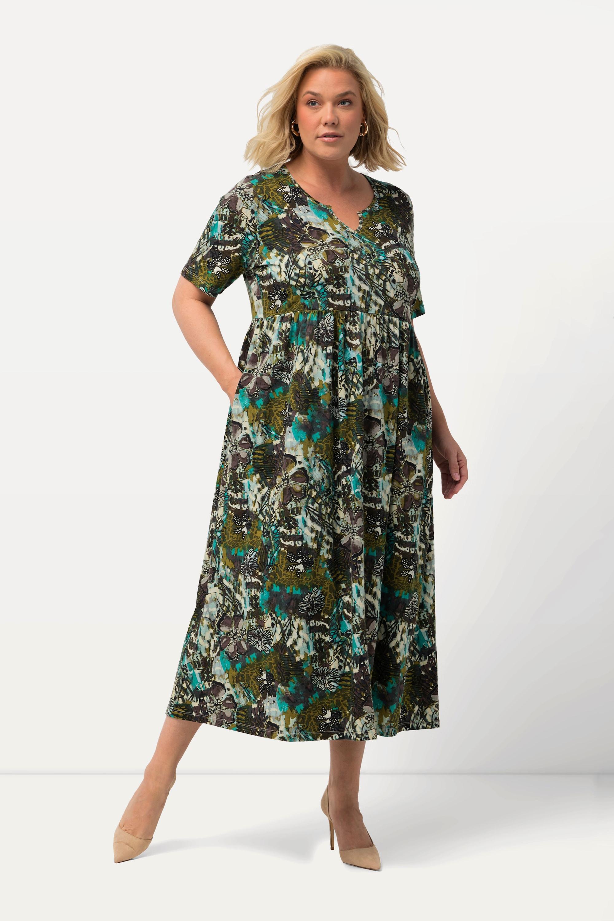 Ulla Popken  Robe en jersey, fleurs, silhouette en A, col tunisien, manches mi-hauteur 