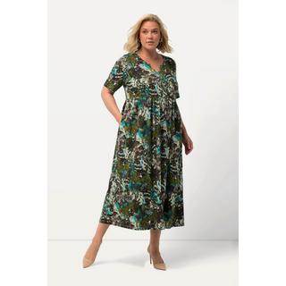 Ulla Popken  Jerseykleid, Blüten, A-Linie, Tunika-Ausschnitt, Halbarm 