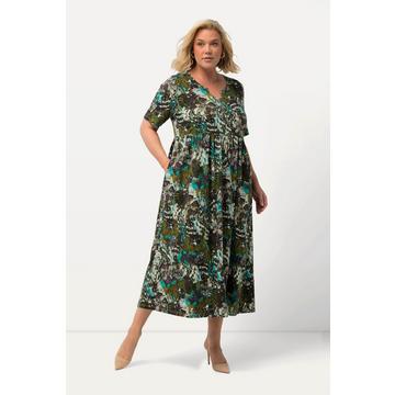 Robe en jersey, fleurs, silhouette en A, col tunisien, manches mi-hauteur