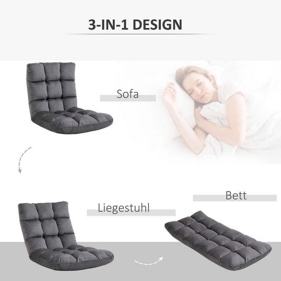 Northio Bodenstuhl 3-in-1 Klappbarer Bodensessel Rückenlehne 13 Positionen Sitzkissen Grau Metall Schaumstoff 55x71x53,5cm  