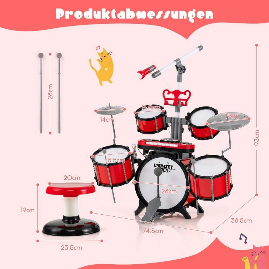 Northix  Batteria per bambini con tastiera, sgabello, microfono, leggio, rossa 