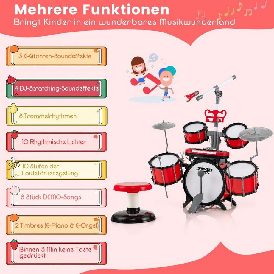 Northix  Batteria per bambini con tastiera, sgabello, microfono, leggio, rossa 