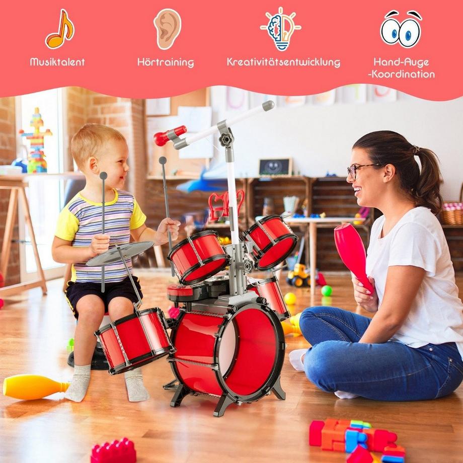 Batterie pour enfants avec clavier, tabouret, micro, pupitre, rouge