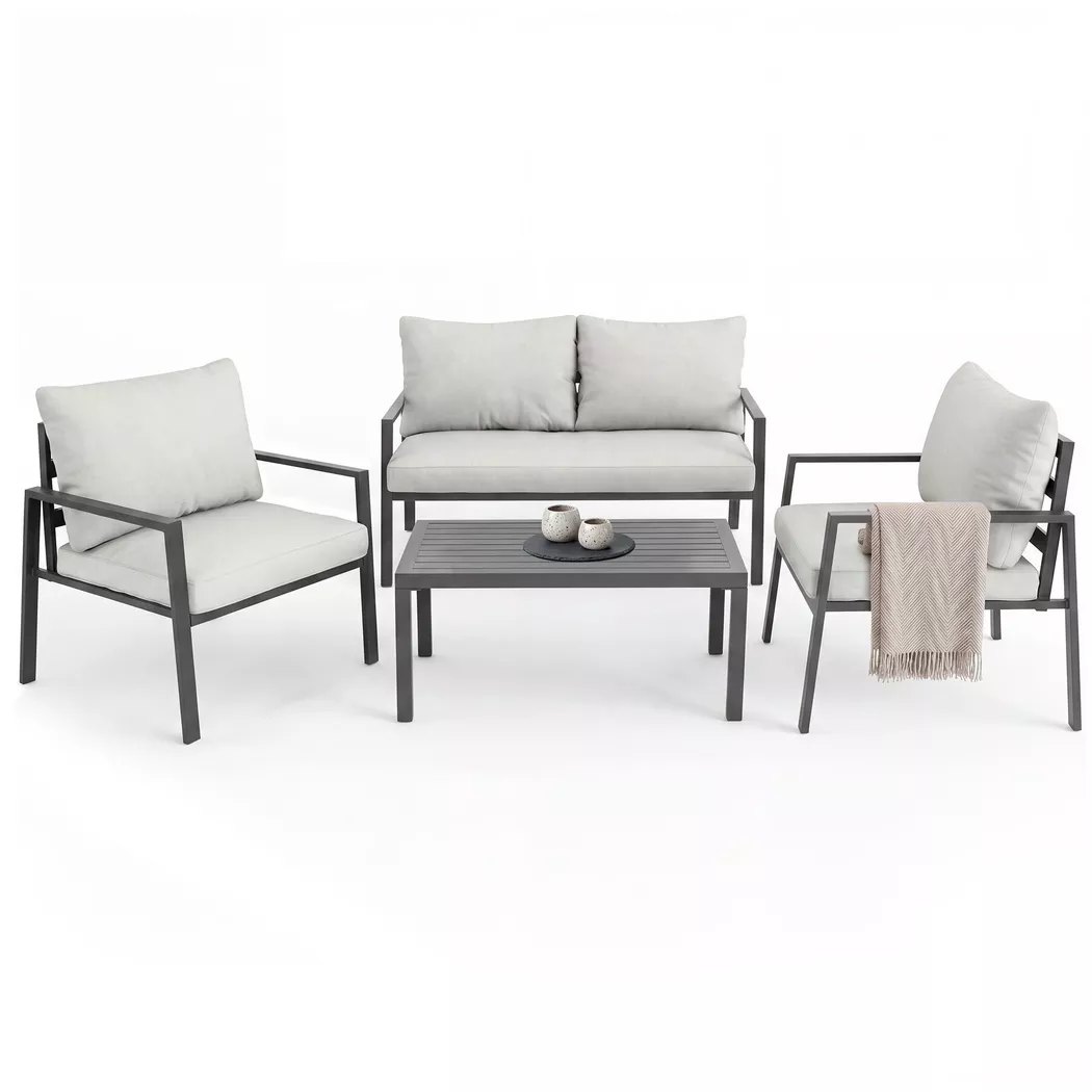 tectake® Aluminium Sitzgruppe, wetterfest, pflegeleichte Bezüge, Tisch mit Lamellenmuster