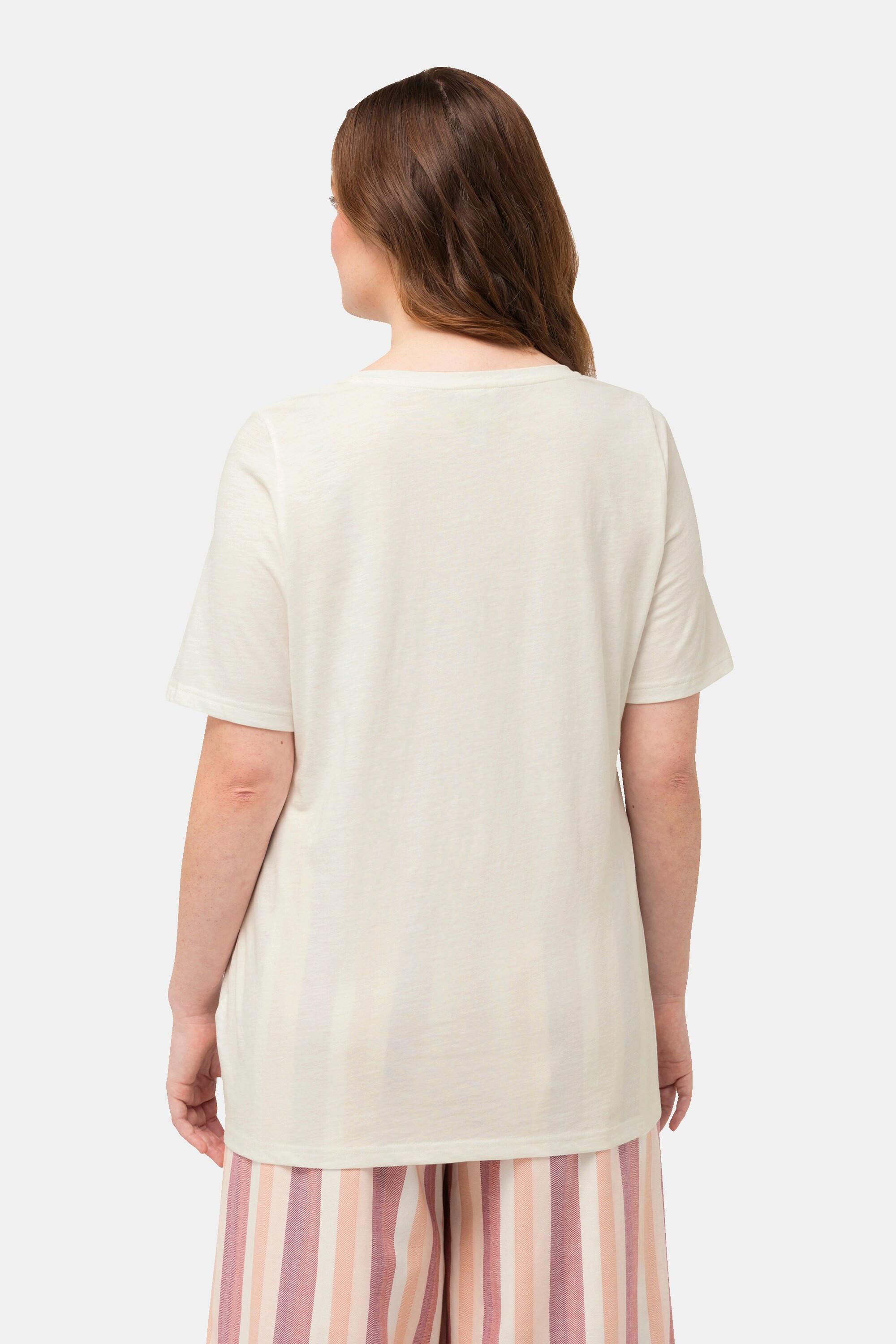 Ulla Popken  T-shirt in cotone biologico con ricamo PURE, scollo a girocollo e mezze maniche 