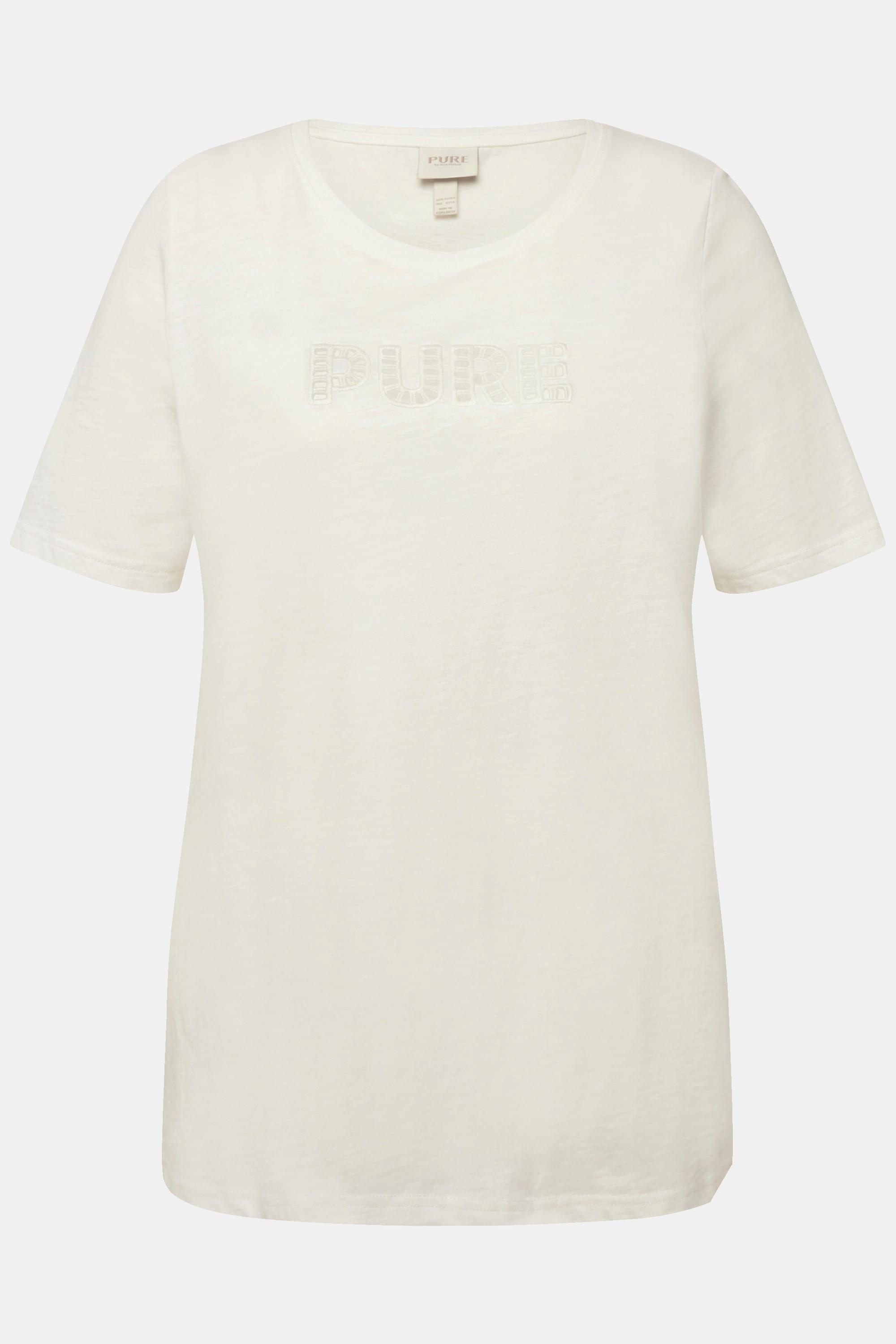 Ulla Popken  T-shirt in cotone biologico con ricamo PURE, scollo a girocollo e mezze maniche 