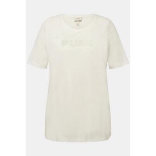 Ulla Popken  T-shirt in cotone biologico con ricamo PURE, scollo a girocollo e mezze maniche 