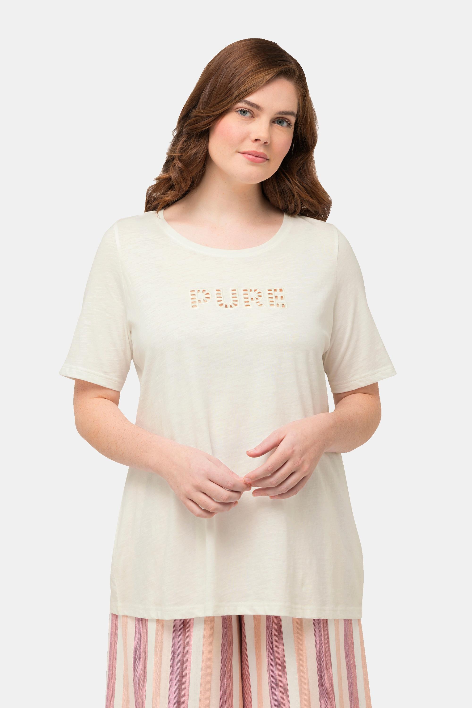 Ulla Popken  T-shirt in cotone biologico con ricamo PURE, scollo a girocollo e mezze maniche 