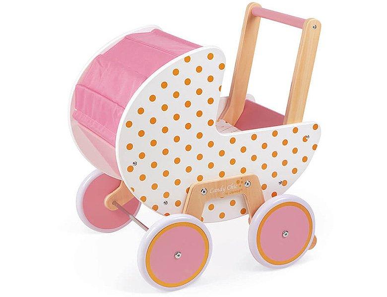 Janod  J05886 Candy Chic-Kinderwagen aus Holz für Puppen und Babys bis 42 cm-Silent Wheels-Anti-Tip-System-Decke und Kissen mitgeliefert-Puppenzubehör-Ab 18 Monaten 