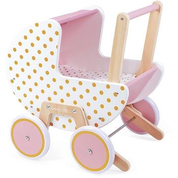 J05886 Candy Chic-Kinderwagen aus Holz für Puppen und Babys bis 42 cm-Silent Wheels-Anti-Tip-System-Decke und Kissen mitgeliefert-Puppenzubehör-Ab 18 Monaten