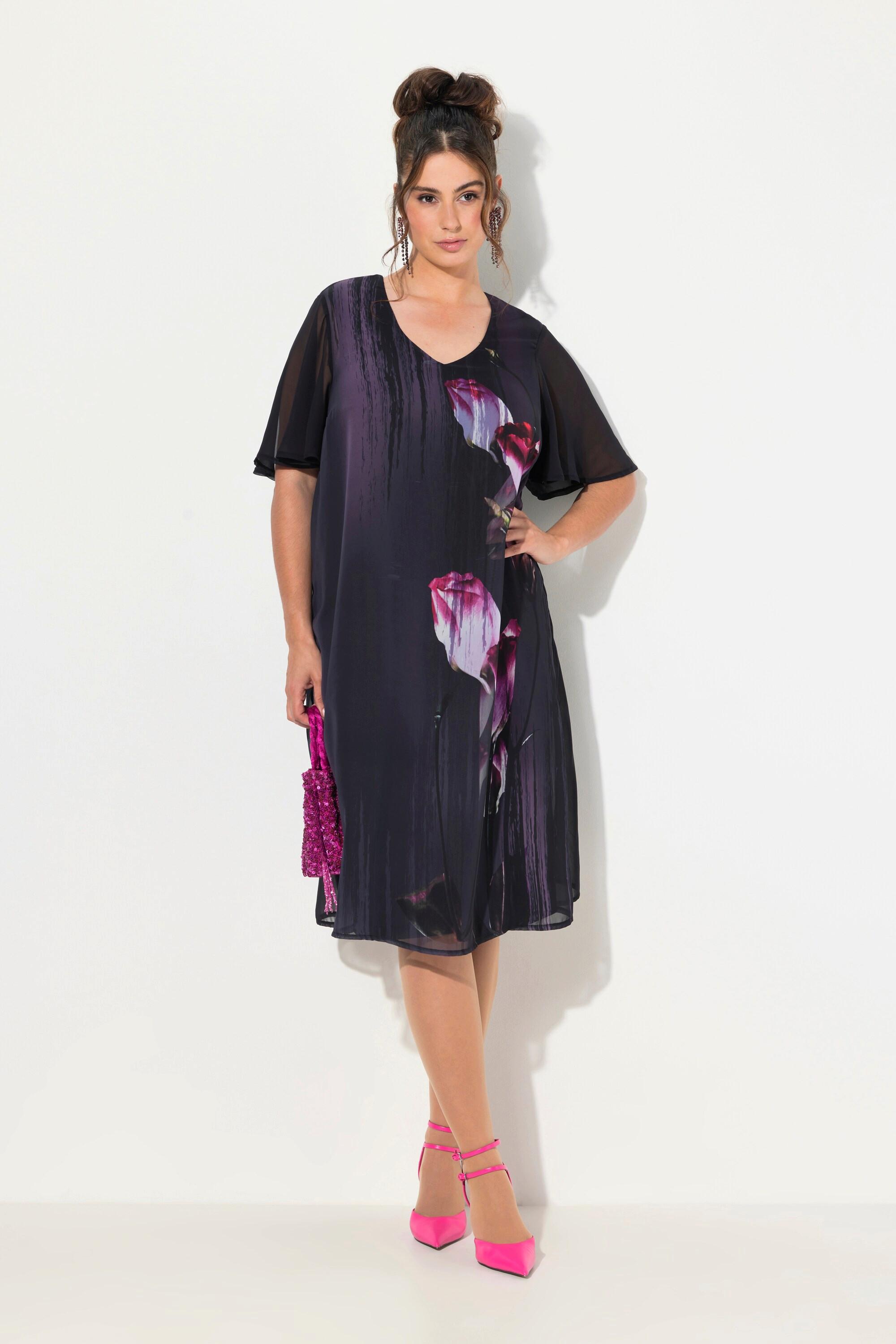 Ulla Popken  Robe à manches courtes et col en V, imprimé floral et ligne en A 