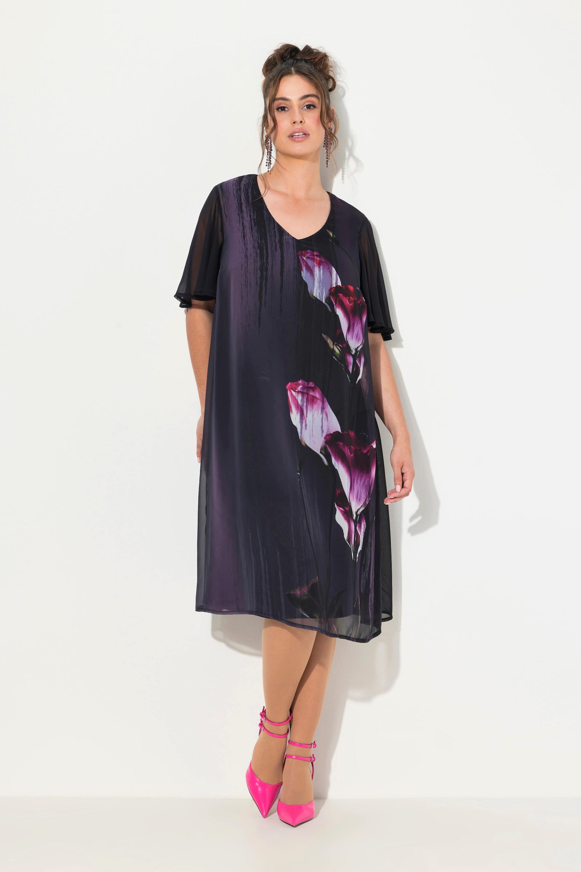 Ulla Popken  Robe à manches courtes et col en V, imprimé floral et ligne en A 