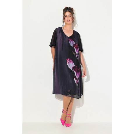 Ulla Popken  Robe à manches courtes et col en V, imprimé floral et ligne en A 