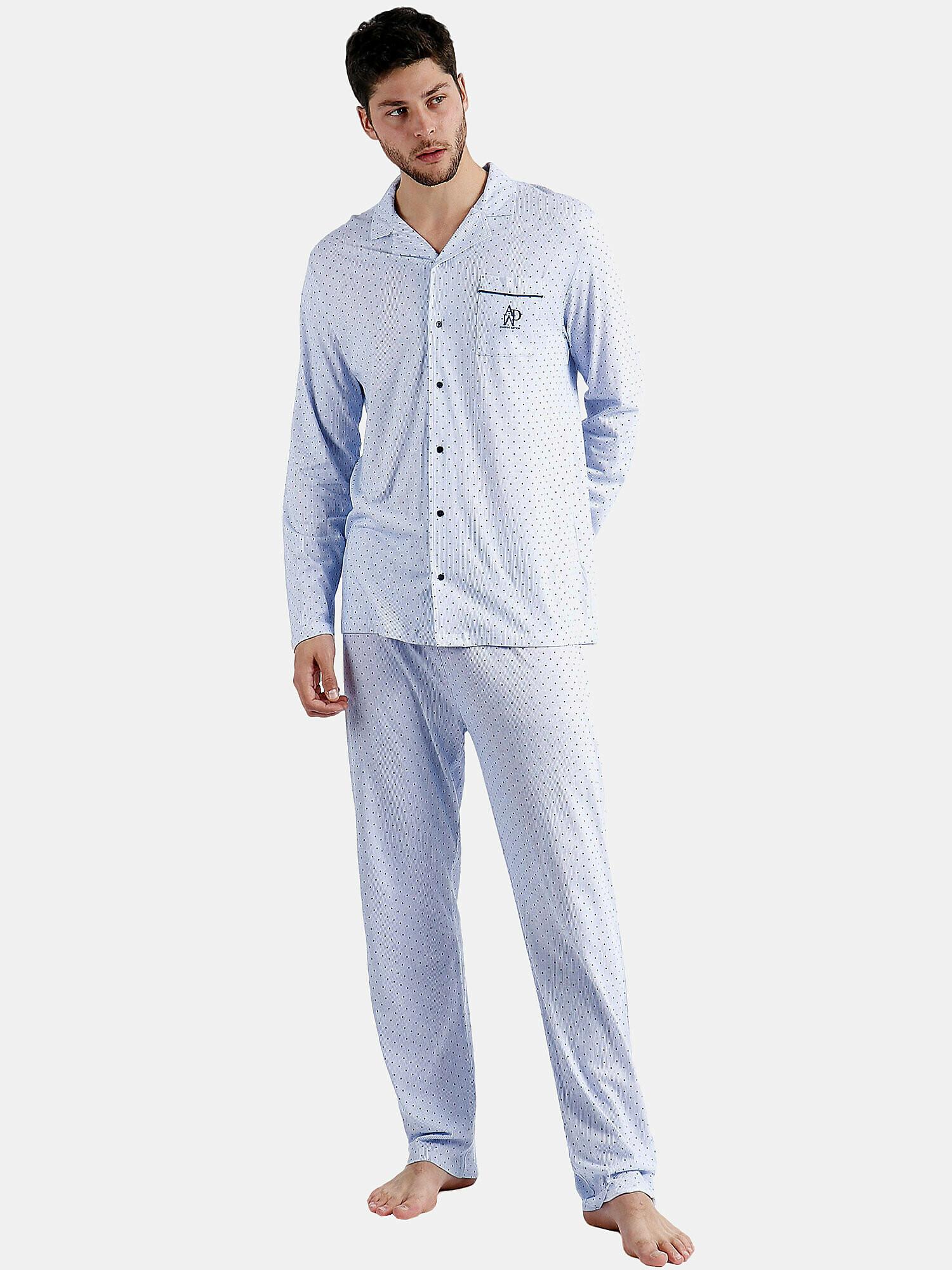 Image of Pyjama Hausanzug Hose Und Hemd Stripes And Dots Herren Blau S