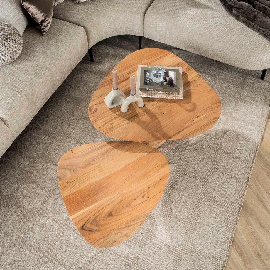 mutoni Table basse Pebblis acacia naturel (set de 2)  