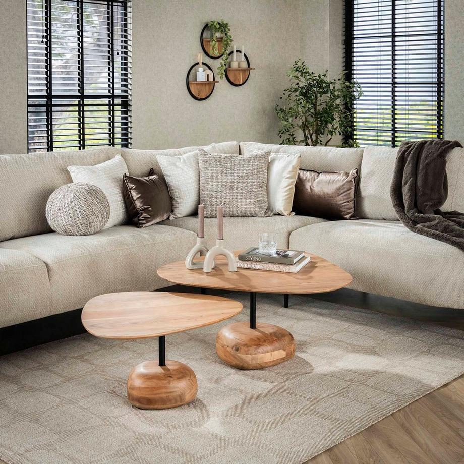 mutoni Table basse Pebblis acacia naturel (set de 2)  