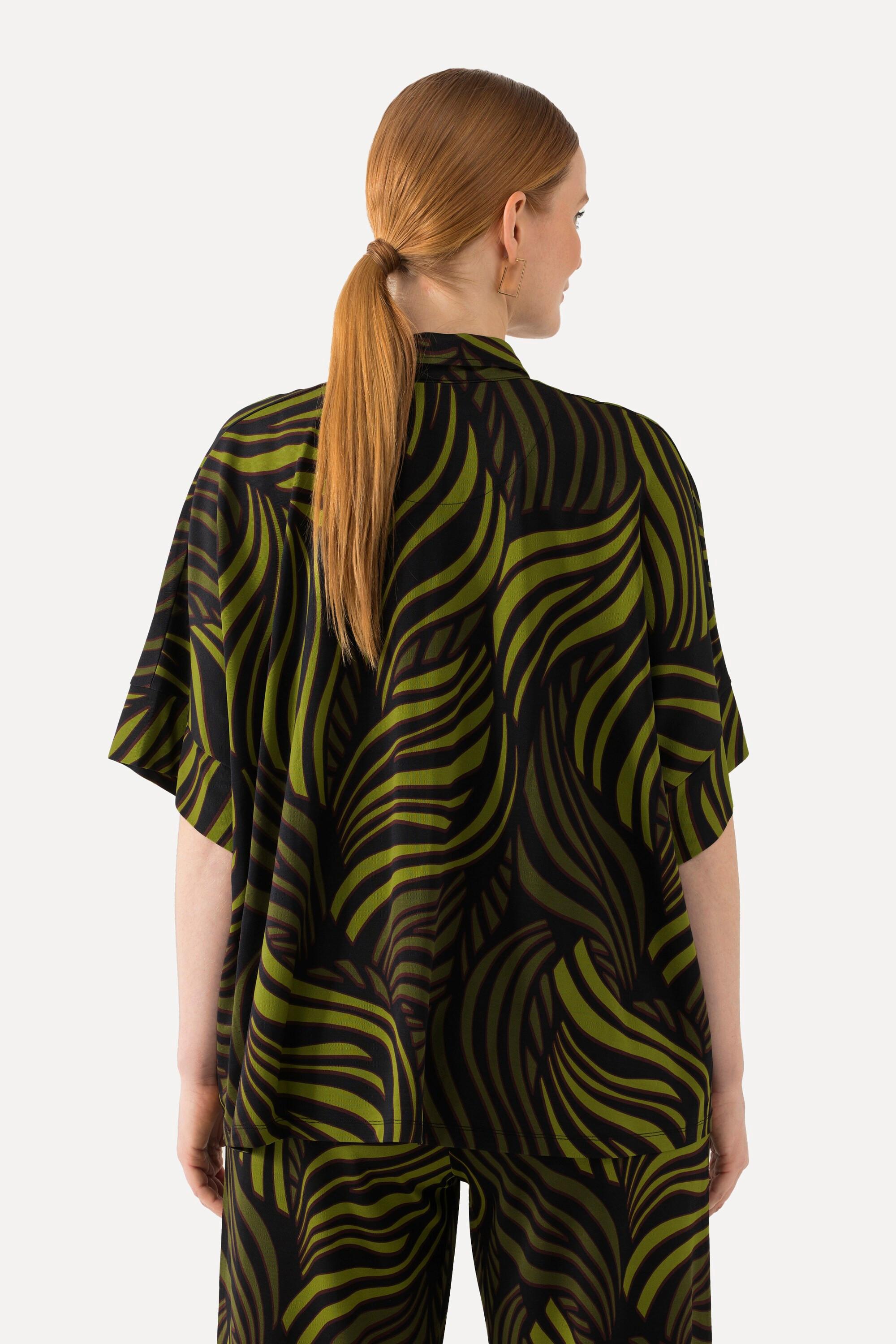 Ulla Popken Blusa Slinky Stampa Foglie di Palma Collo Camicia Mezza Manica  