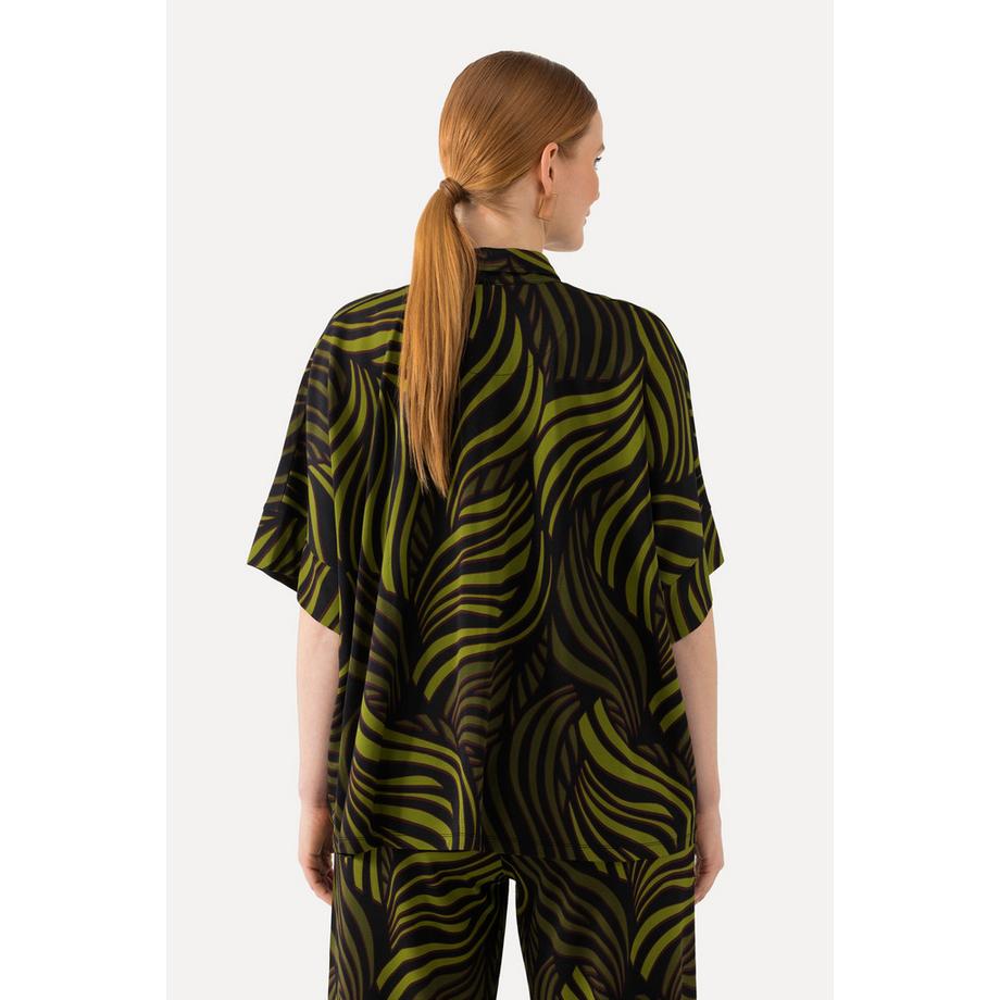 Ulla Popken Blouse Slinky Imprimé Feuilles de Palmier Col Chemise Manches Courtes  