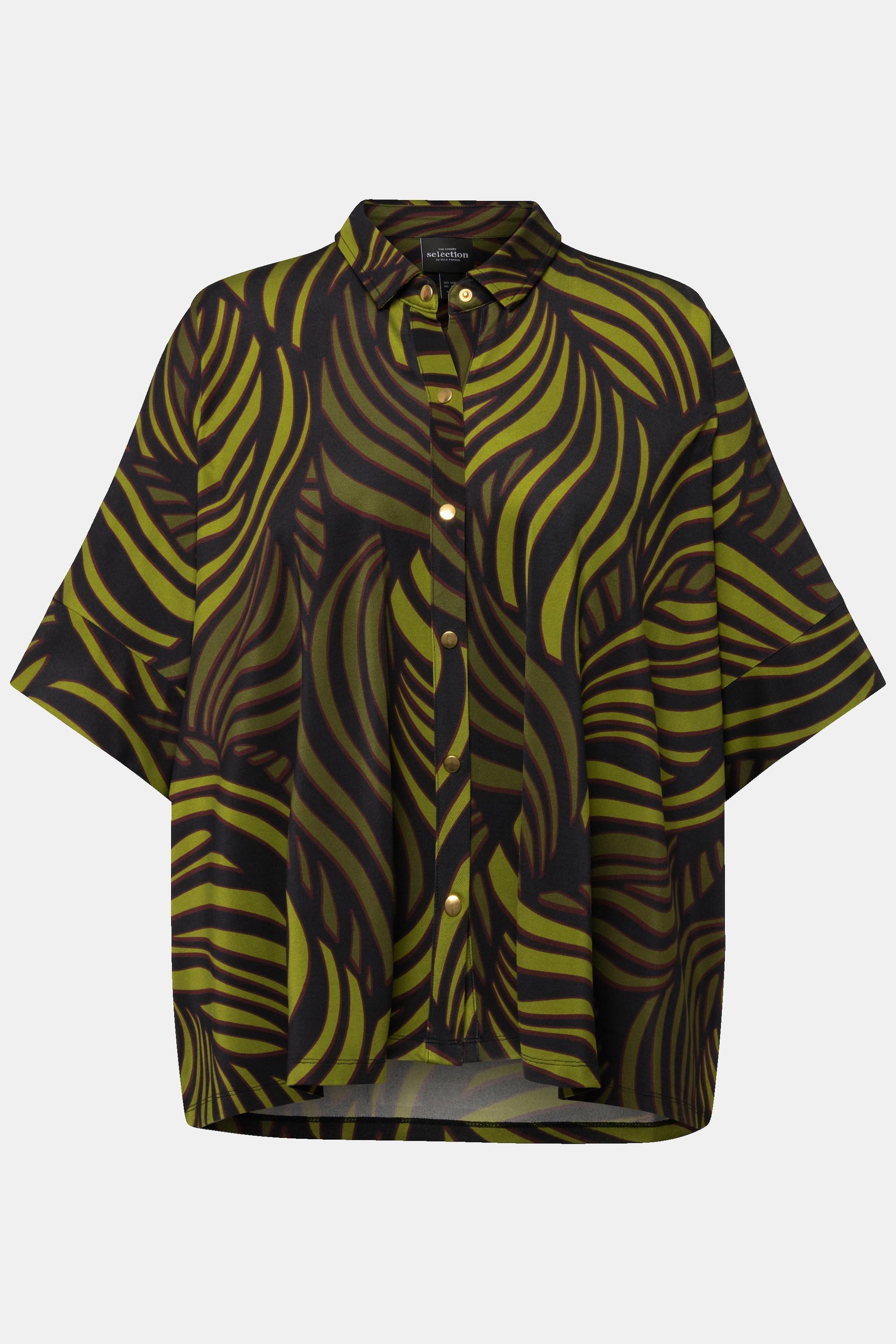 Ulla Popken Blusa Slinky Stampa Foglie di Palma Collo Camicia Mezza Manica  