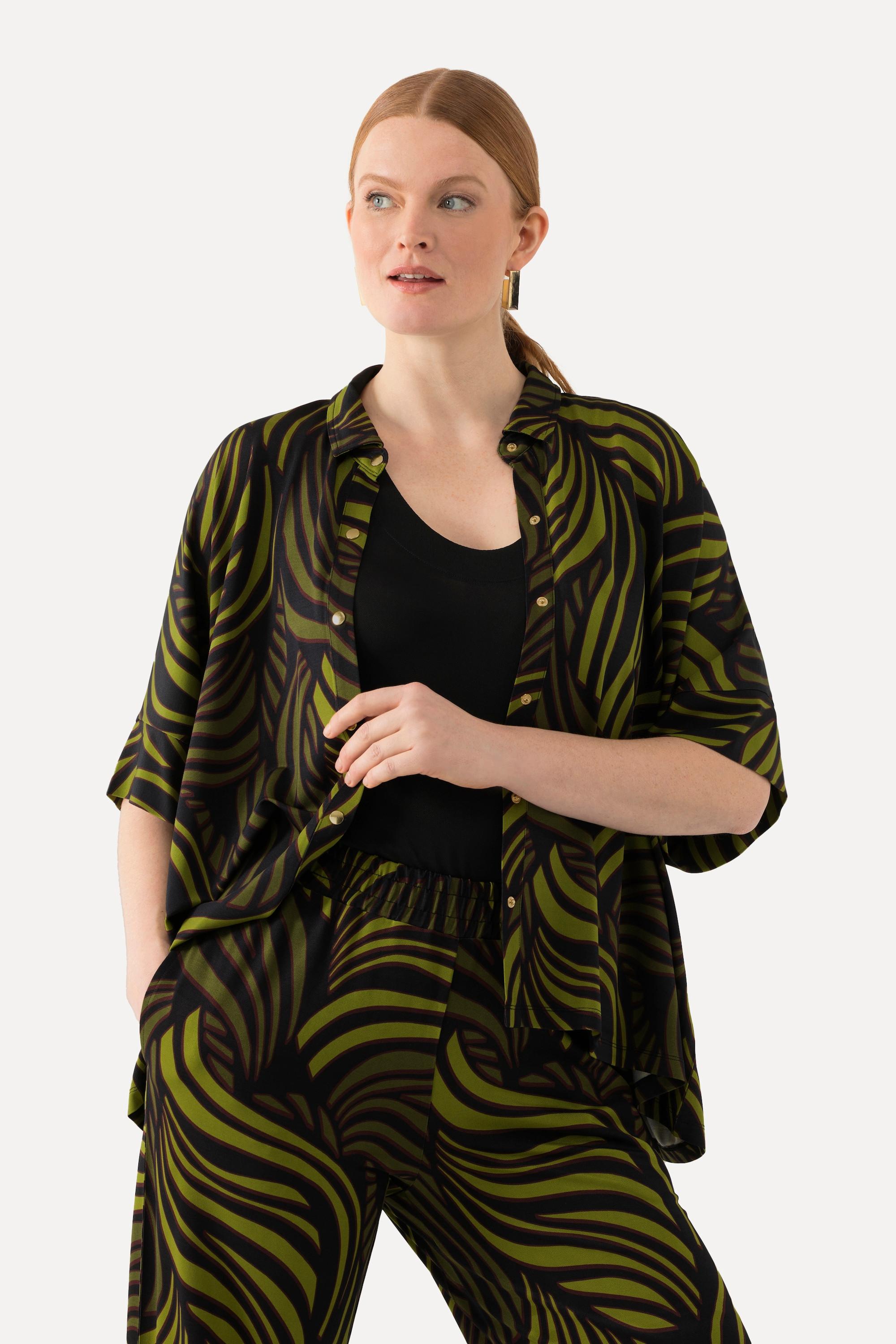 Ulla Popken Blusa Slinky Stampa Foglie di Palma Collo Camicia Mezza Manica  