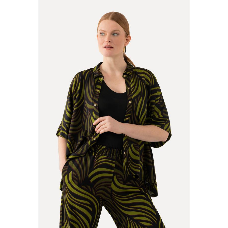 Ulla Popken Blouse Slinky Imprimé Feuilles de Palmier Col Chemise Manches Courtes  