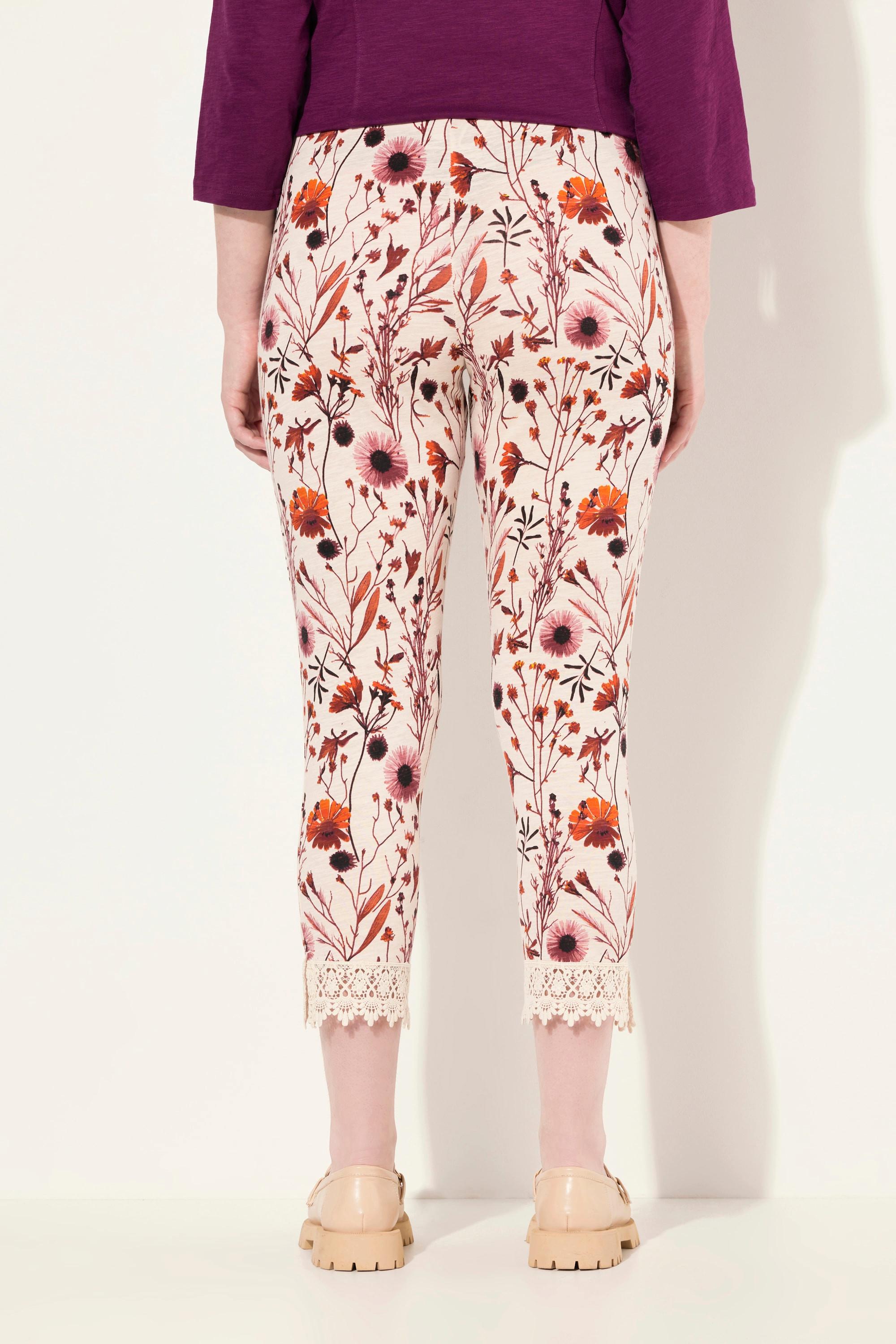 Ulla Popken  Legging 7/8 en coton bio, taille élastique. Imprimé à fleurs et dentelle. 