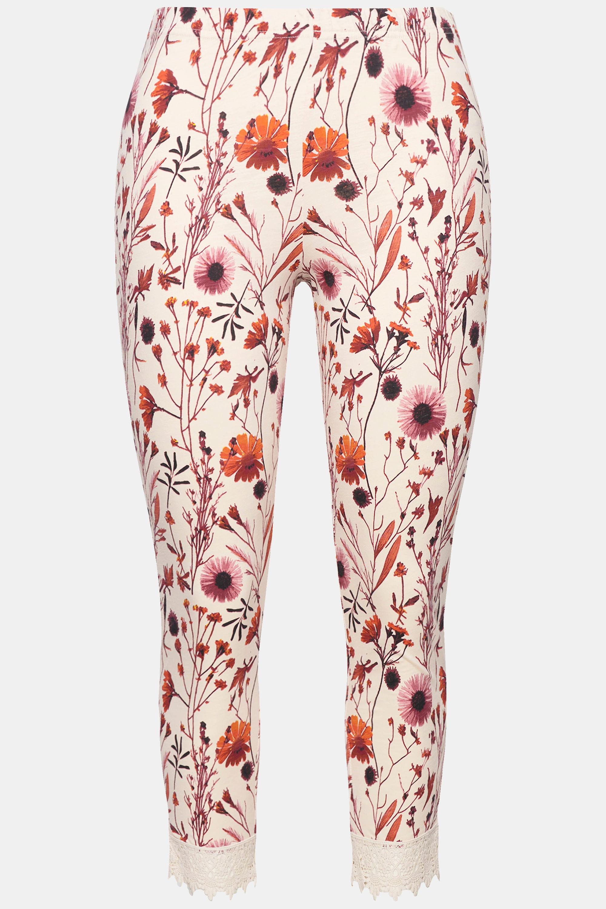 Ulla Popken  Legging 7/8 en coton bio, taille élastique. Imprimé à fleurs et dentelle. 