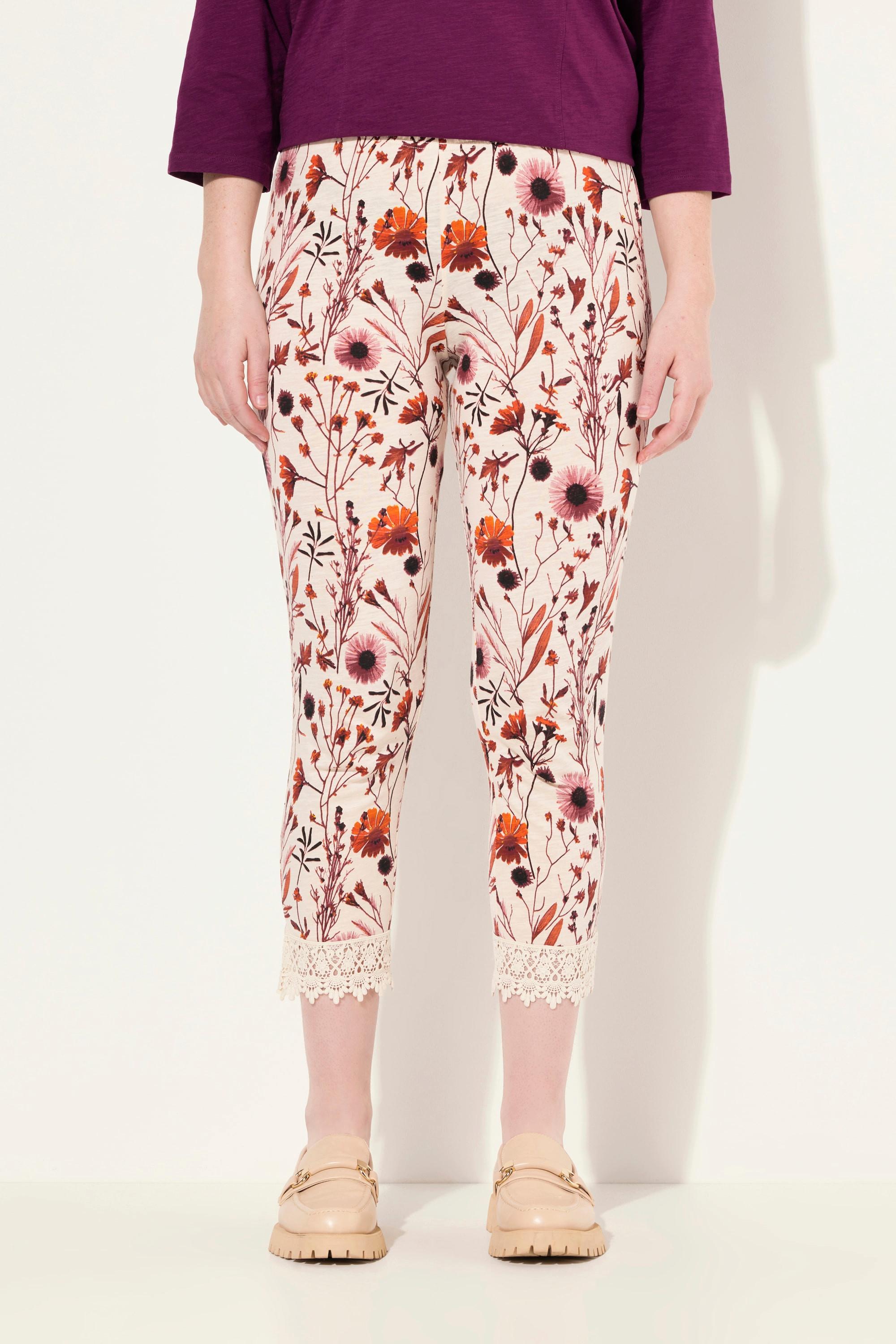 Ulla Popken  Leggings a 7/8 in cotone biologico con fiori, pizzo e cintura elastica 