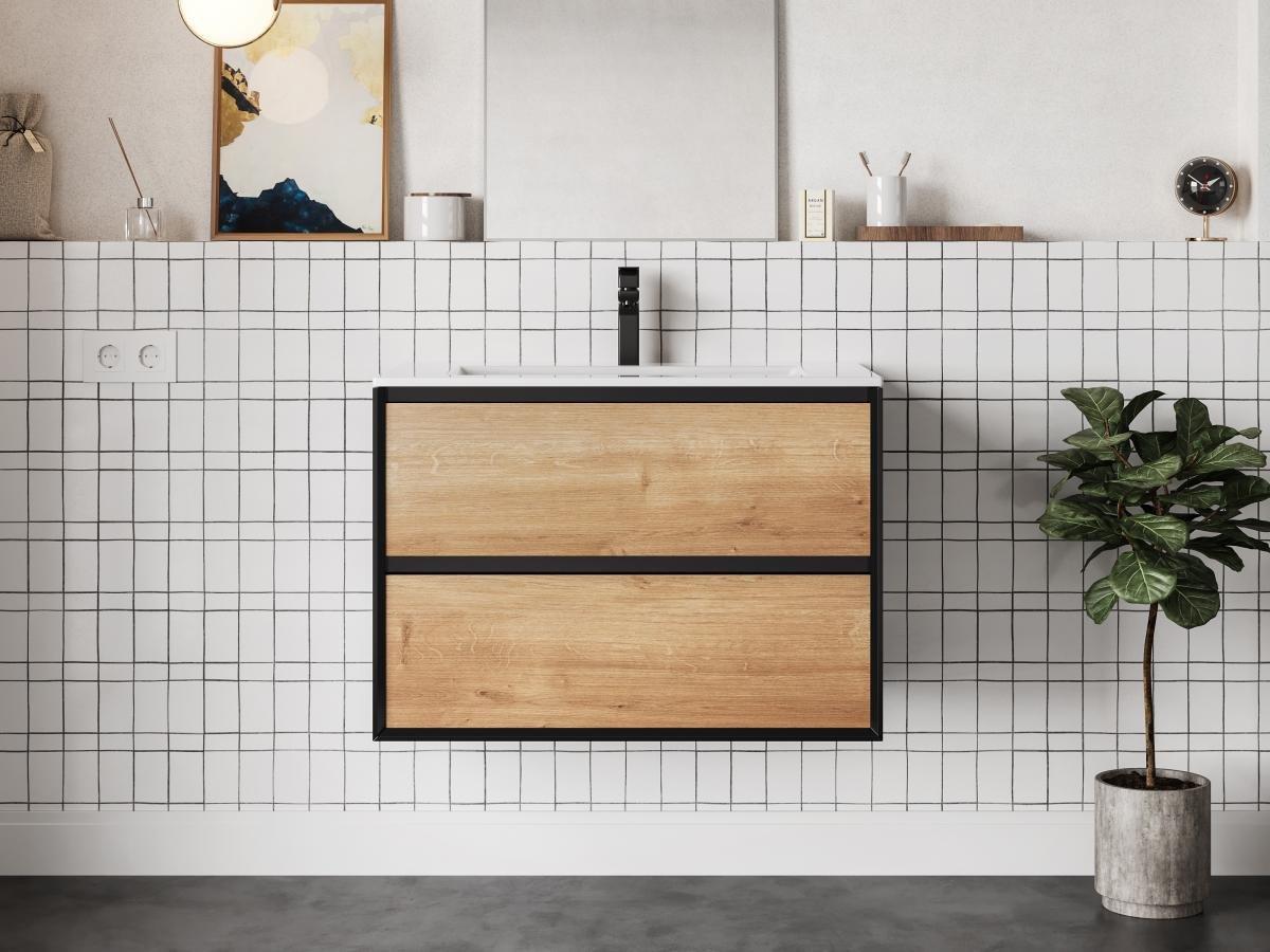 Vente-unique Mobile Lavabo sospeso 80 cm con lavabo a incasso Naturale Chiaro e Nero - LANNICK  