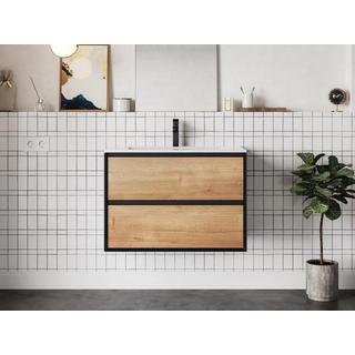 Vente-unique Mobile Lavabo sospeso 80 cm con lavabo a incasso Naturale Chiaro e Nero - LANNICK  