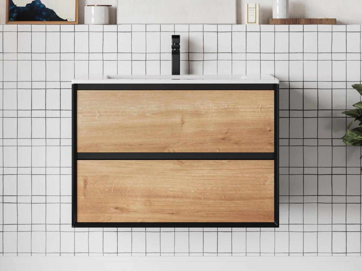 Vente-unique Mobile Lavabo sospeso 80 cm con lavabo a incasso Naturale Chiaro e Nero - LANNICK  