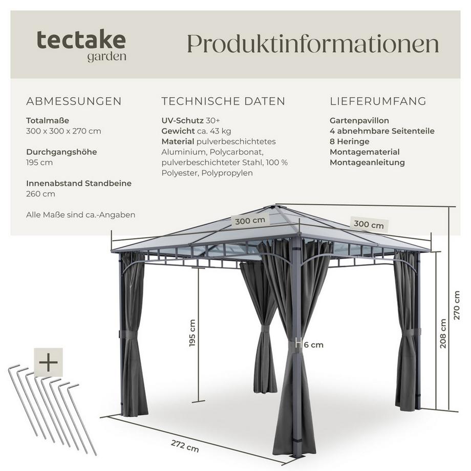 Tectake Gartenpavillon Caracas mit Aluminiumgestell, pulverbeschichtet wetterfest  