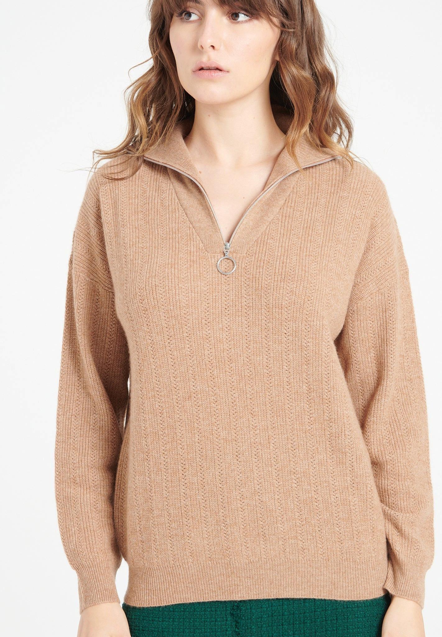 Image of Lilly 28 Pullover Mit Schornsteinkragen Und Reißverschluss - 100% Kaschmir Damen Camel L