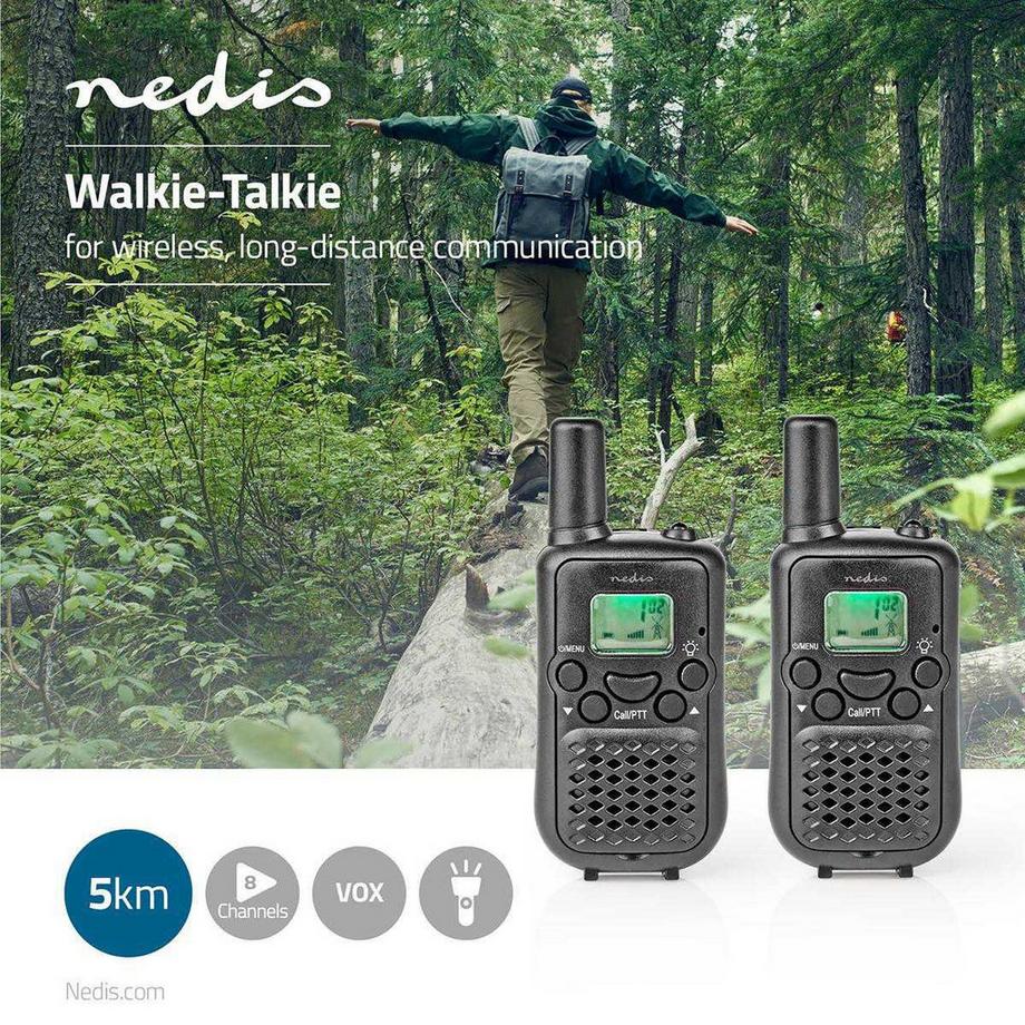 Nedis  Walkie-Talkie-Set | 2 Handeinheiten | Bis zu 5 km | Frequenzkanäle: 8 | PTT / Vox | Bis zu 2,5 Stunden | Schwarz 