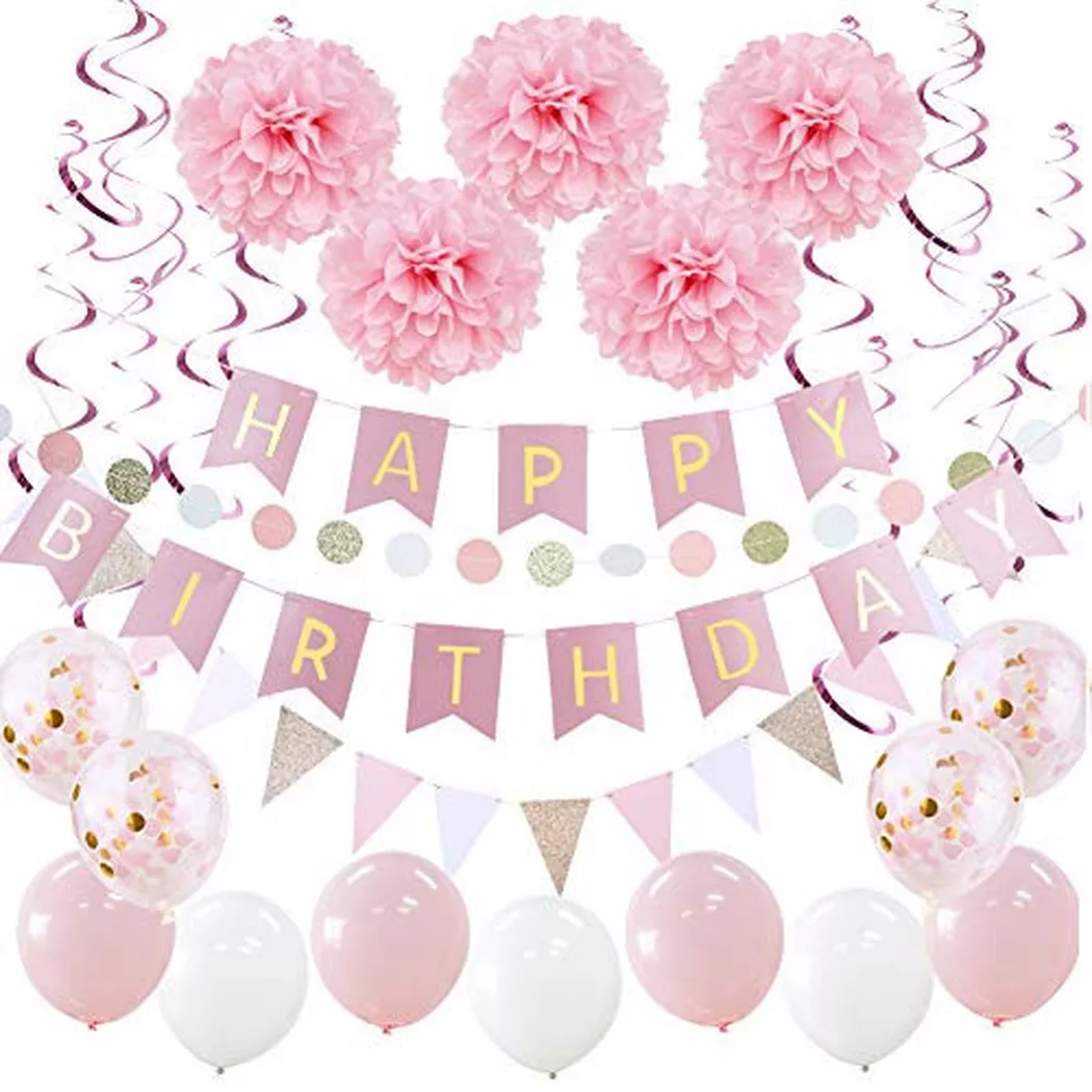 Alopini - HAPPY BIRTHDAY Girlande Set Geburtstagsdekoration Seidenpapier Pompons Folie Spirale Dekoration, One Size, Pink