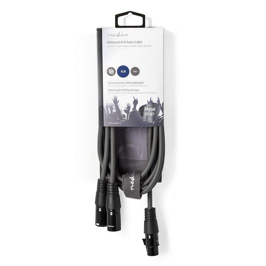 Nedis  Câble audio symétrique | 2x XLR 3 broches mâle | XLR 3 broches femelle | Nickelé | 1,50 m | Rond | PVC | Gris foncé | Gaine en carton 
