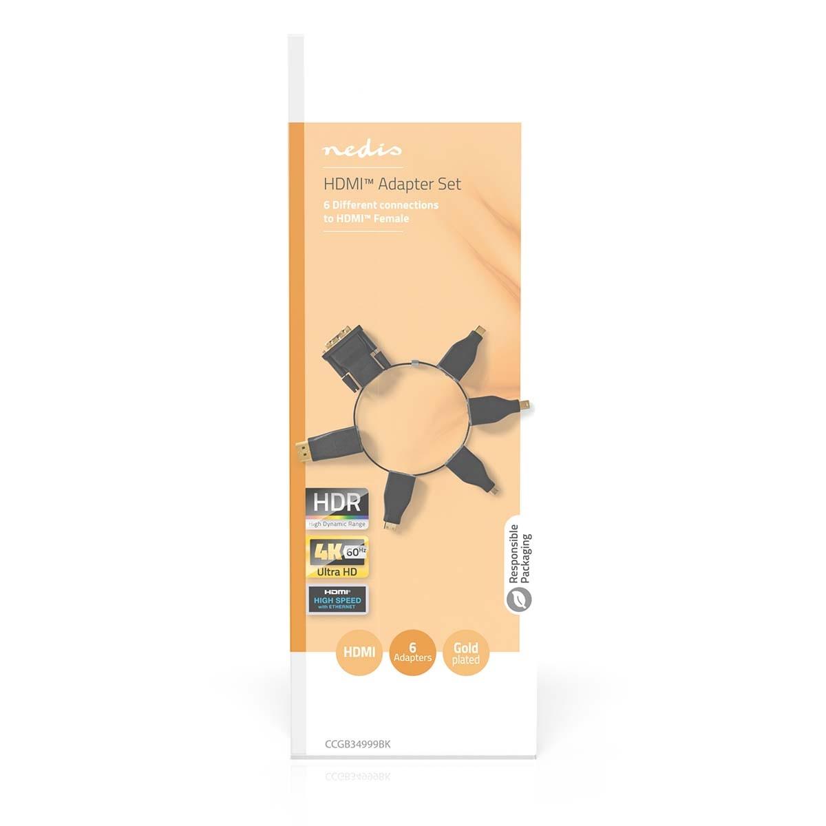 Nedis  HDMI™ Adaptateur | DisplayPort mâle / DVI-D 24+1 broches mâle / HDMI™ Micro connecteur / HDMI™ Mini connecteur / Mini DisplayPort mâle / USB-C™ mâle | HDMI™ femelle | Plaqué or | Droit | PVC | Noir | 1 pc. | Boîte 