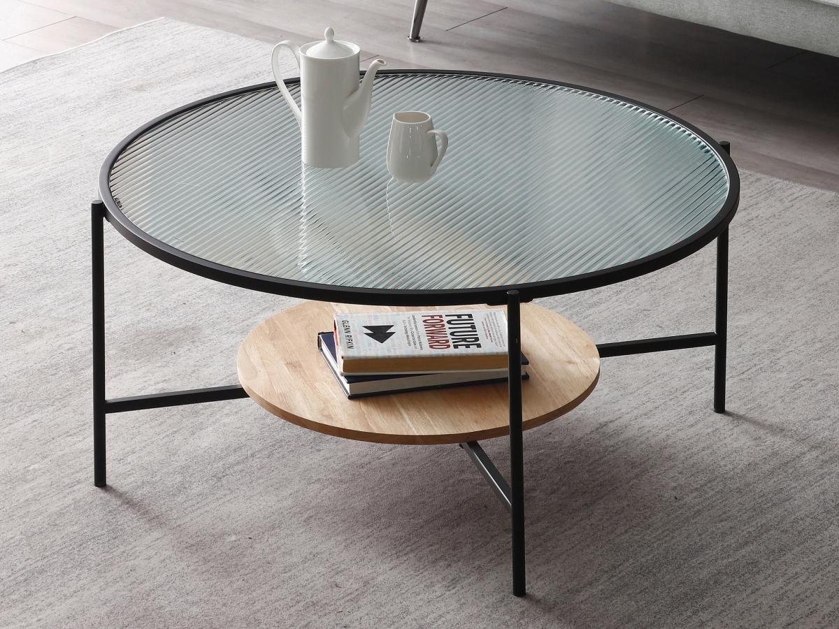 Vente-unique Table basse avec 1 étagère - Verre, bois d'hévéa et métal - Naturel et noir - MUNITA  