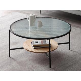 Vente-unique Table basse avec 1 étagère - Verre, bois d'hévéa et métal - Naturel et noir - MUNITA  