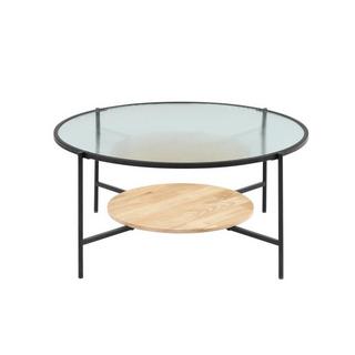 Vente-unique Table basse avec 1 étagère - Verre, bois d'hévéa et métal - Naturel et noir - MUNITA  