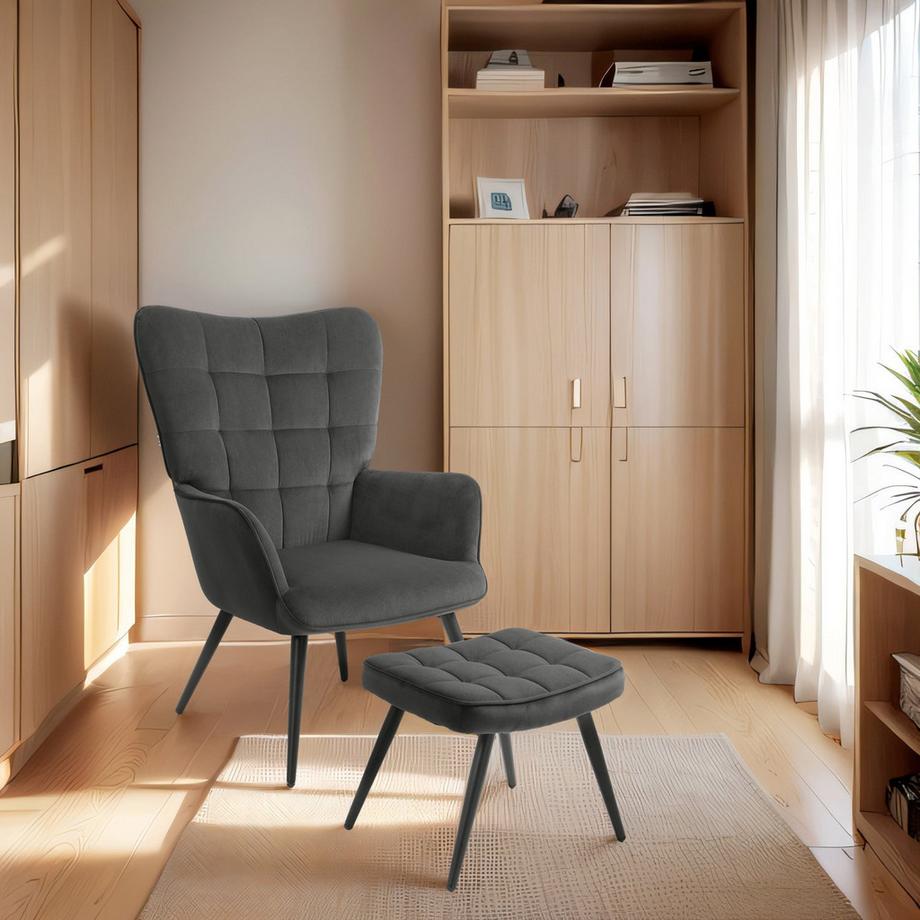 Northio Ohrensessel Mit Hocker, Loungesessel, Relaxsessel, Polstersessel Mit Samtoptik Bis 120 Kg, Für Wohnzimmer, Dunkelgrau  