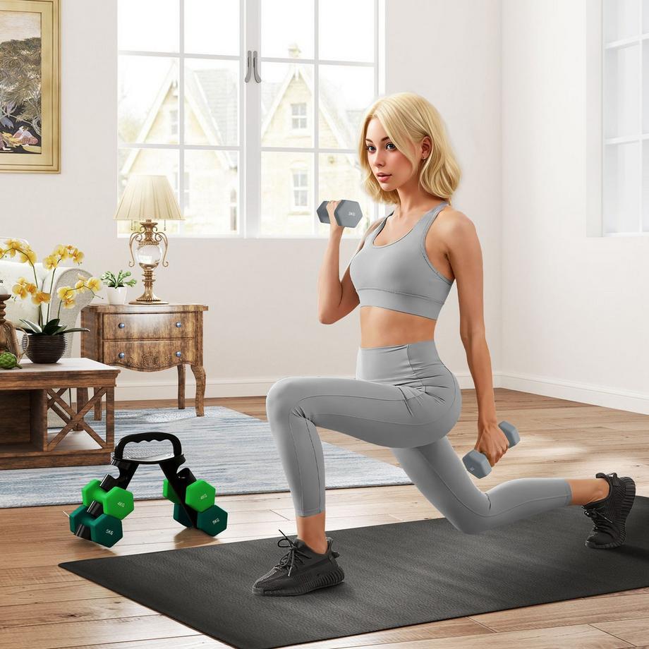 Northio  Set di 6 manubri 2 x 3 kg, 2 x 4 kg, 2 x 5 kg, set di manubri con supporto, set di manubri esagonali, per allenamento della forza, fitness a casa, grigio+verde+turchese 