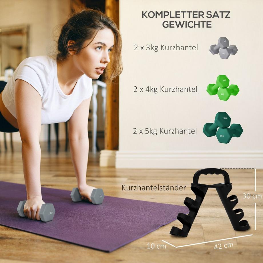 Northio  Set di 6 manubri 2 x 3 kg, 2 x 4 kg, 2 x 5 kg, set di manubri con supporto, set di manubri esagonali, per allenamento della forza, fitness a casa, grigio+verde+turchese 