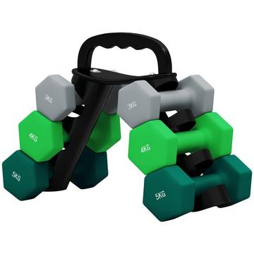 Set di 6 manubri 2 x 3 kg, 2 x 4 kg, 2 x 5 kg, set di manubri con supporto, set di manubri esagonali, per allenamento della forza, fitness a casa, grigio+verde+turchese