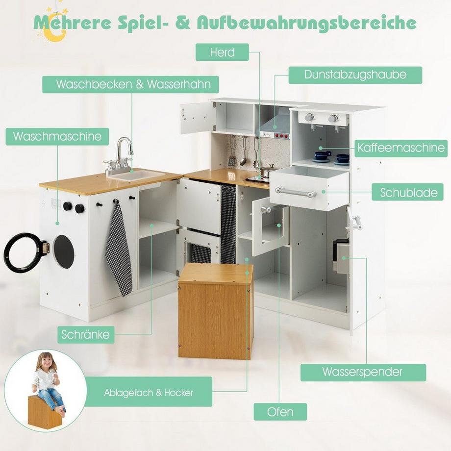Northix  Kinder-Küchenset Spielküche mit Licht Hocker Kaffeemaschine Wasserspender Herd 