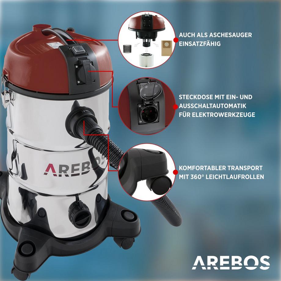Arebos Industriestaubsauger 5IN1 Staubsauger Nass Trocken 1300 W 30 L  