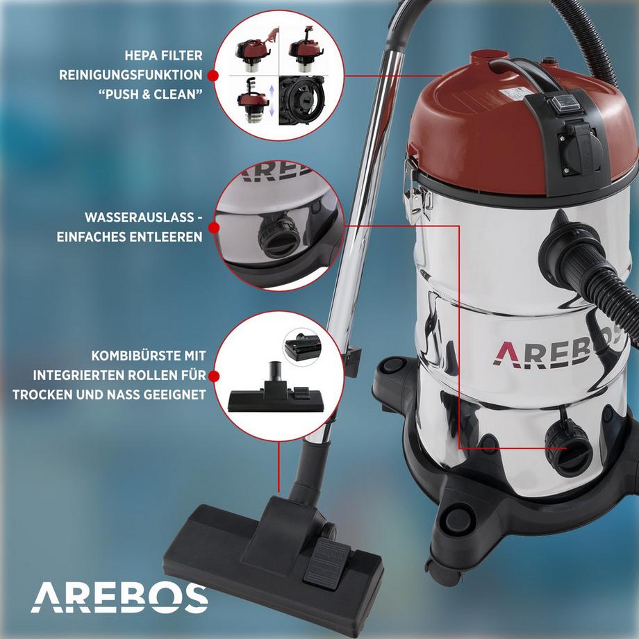Arebos Industriestaubsauger 5IN1 Staubsauger Nass Trocken 1300 W 30 L  